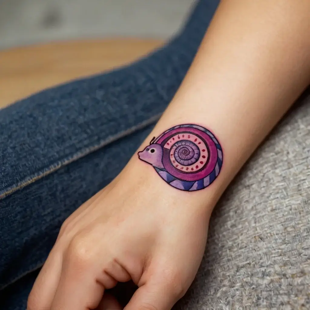 Colorful snail tattoo with purple and pink spiral shell, showcasing geometric patterns and a playful, artistic style.