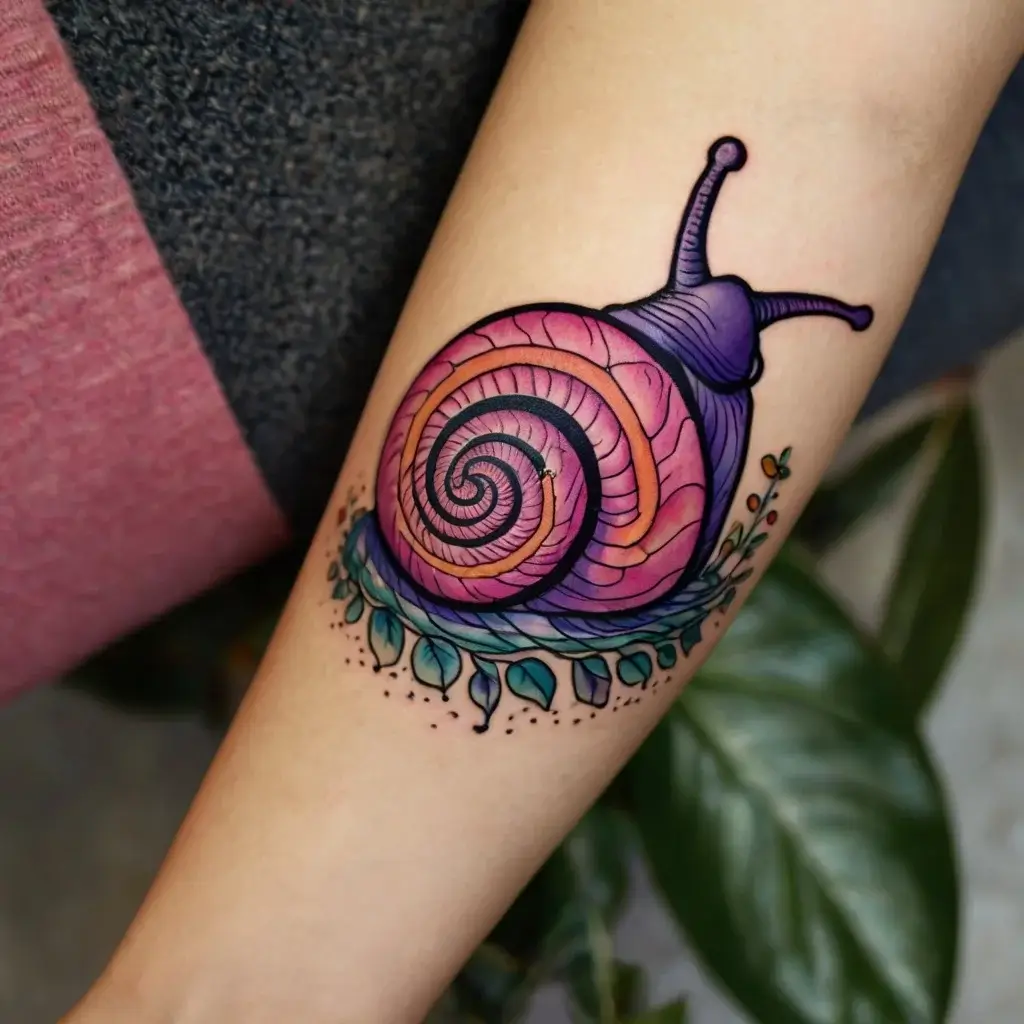 Colorful snail tattoo with a spiraled shell in pink and orange hues, resting on green leaves with blue accents.