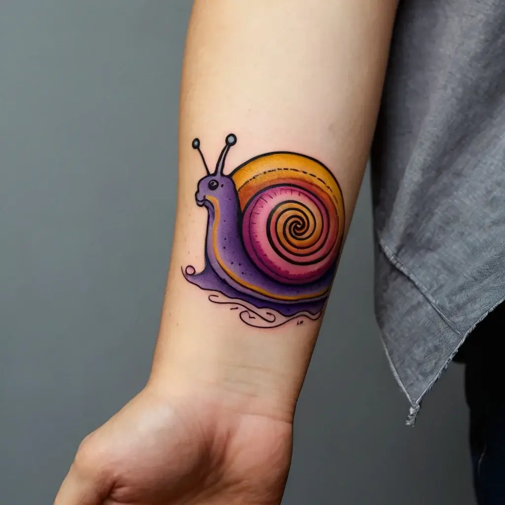 A vibrant tattoo of a snail with a swirling, multicolored shell in purples, oranges, and pinks on the forearm.