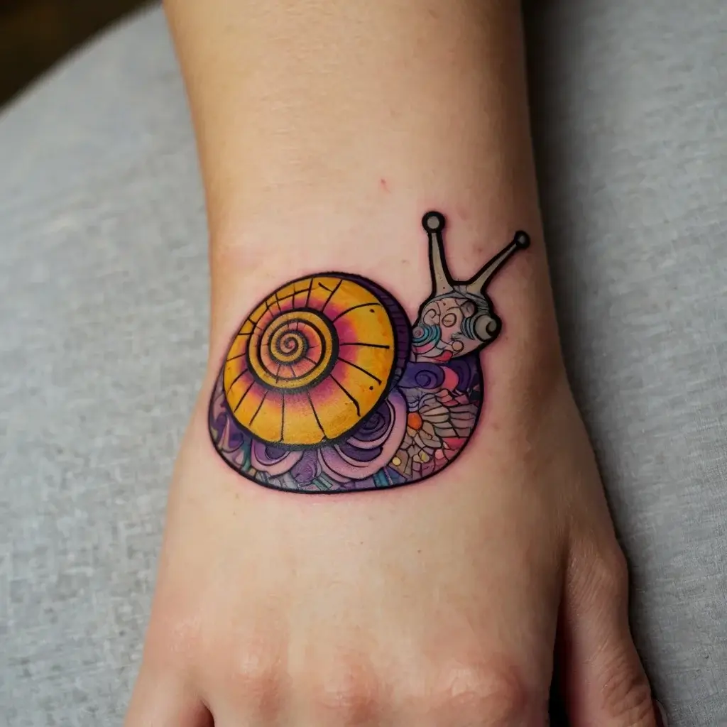 Colorful snail tattoo on hand, with intricate shell in yellow and pink, and body featuring abstract geometric patterns.