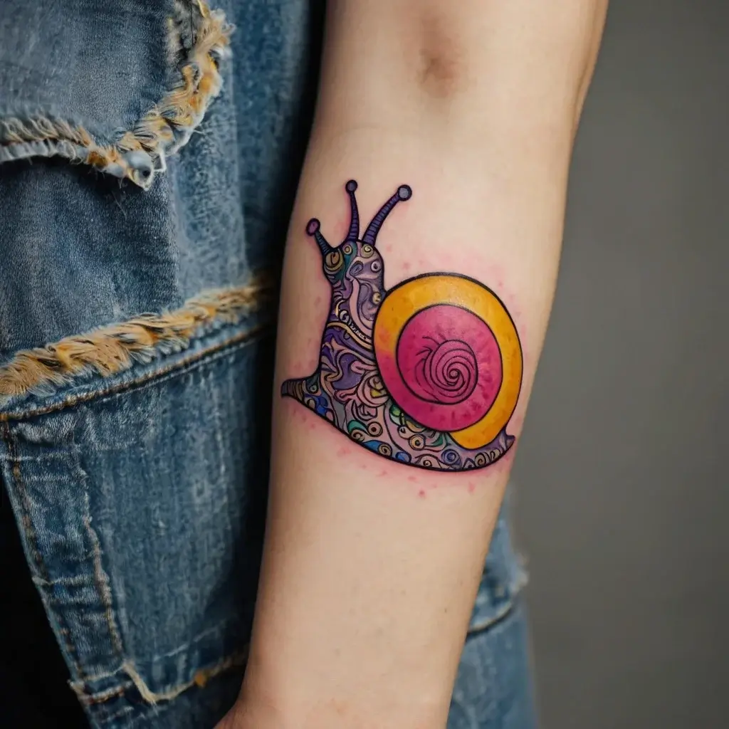 Colorful snail tattoo on arm, intricate purple and pink patterns on body, with a yellow and pink spiral shell.