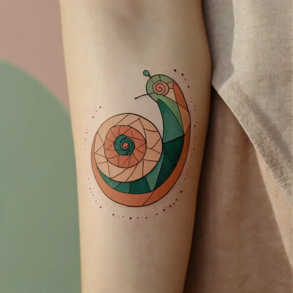 Geometric snail tattoo with earthy tones and spiral shell, symbolizing patience and resilience.