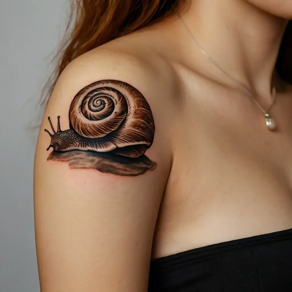 Realistic snail tattoo on shoulder with intricate shell detail and natural shading, creating a 3D effect.