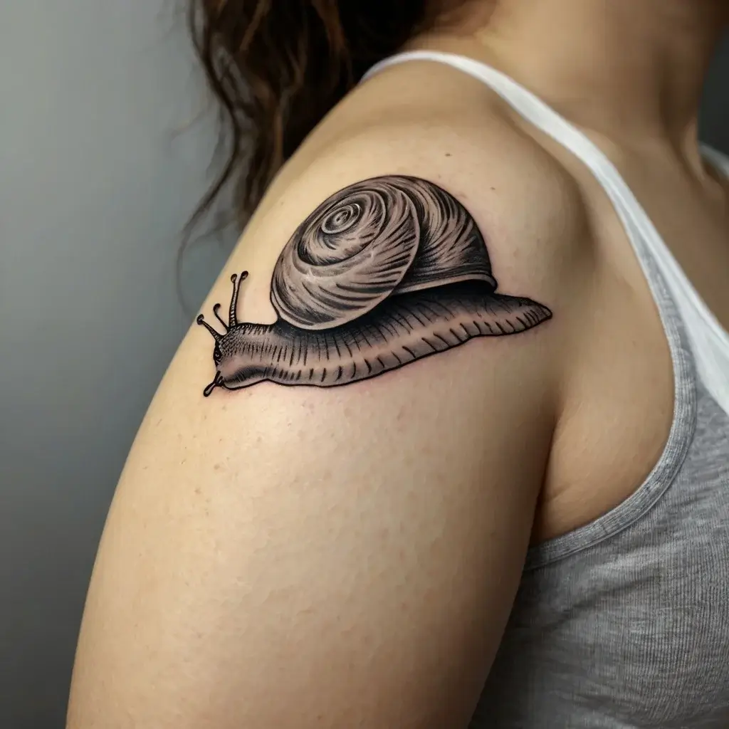 Detailed black and gray snail tattoo on upper arm, featuring intricate shading and realistic textures for a 3D effect.