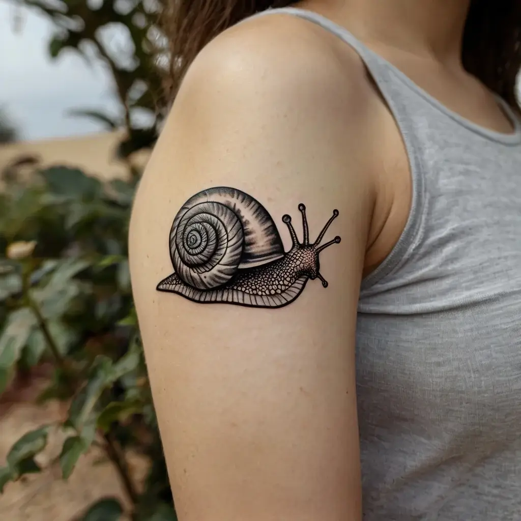 Realistic black snail tattoo on the arm, intricately detailed with shading to emphasize texture and shell spiral.