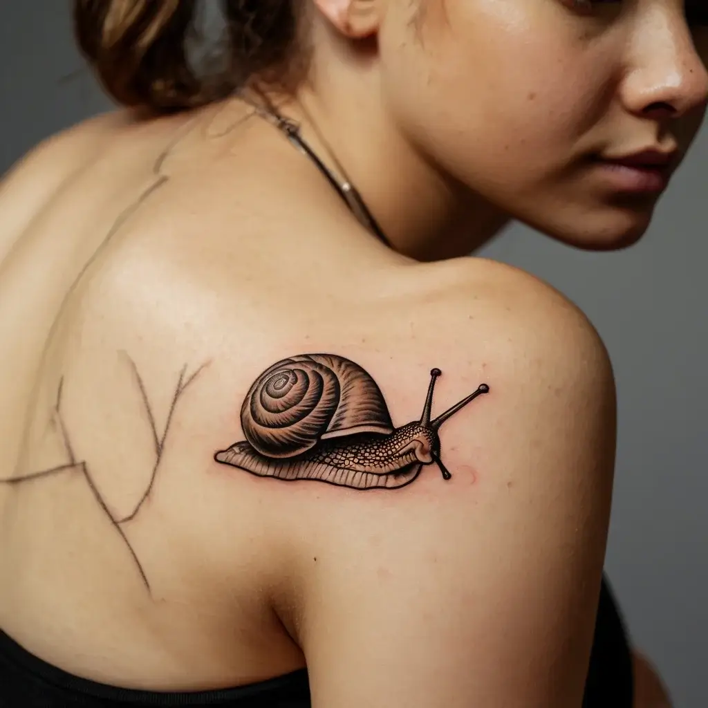 Realistic snail tattoo on shoulder; detailed shell and textured body with black and gray shading, emphasizing depth and dimension.