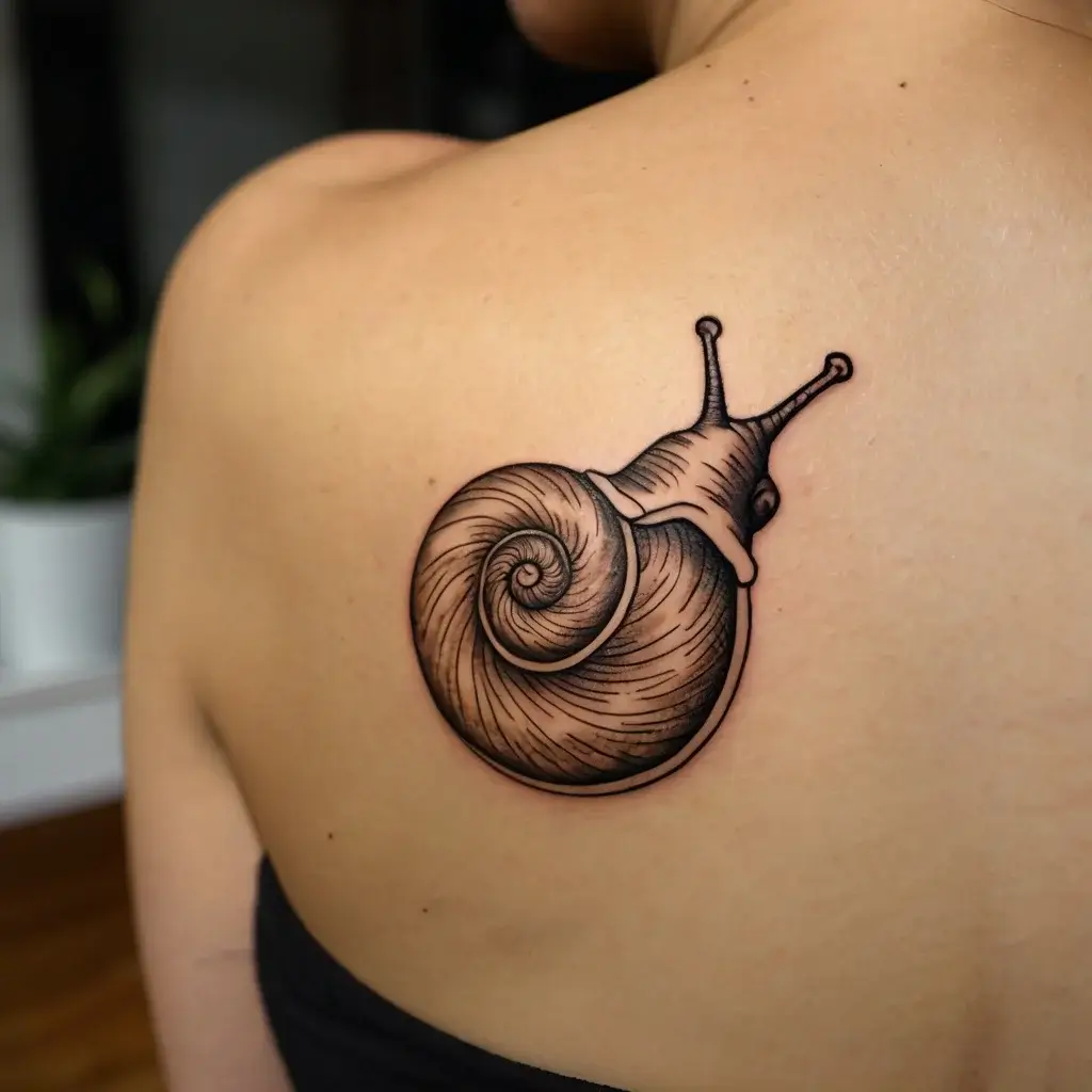 Tattoo of a detailed snail on the shoulder, showcasing intricate line work and shading to highlight shell texture.