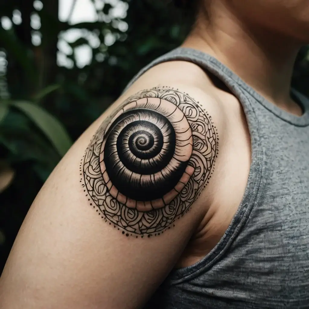 Tattoo of a spiral shell on the shoulder, surrounded by intricate mandala patterns in black ink. Elegant and detailed design.