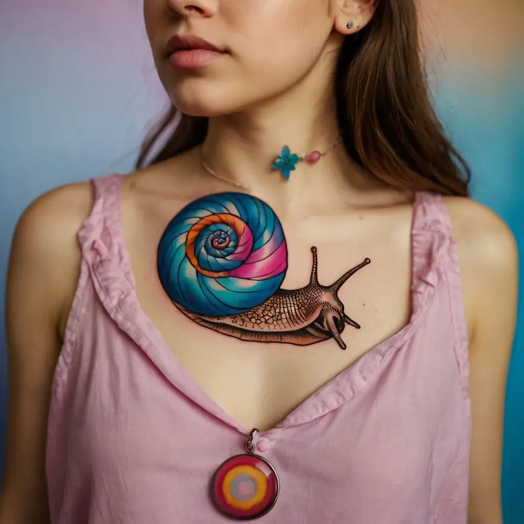 A vibrant snail tattoo on the chest features a swirling shell in blue, pink, and orange hues, with detailed realism.