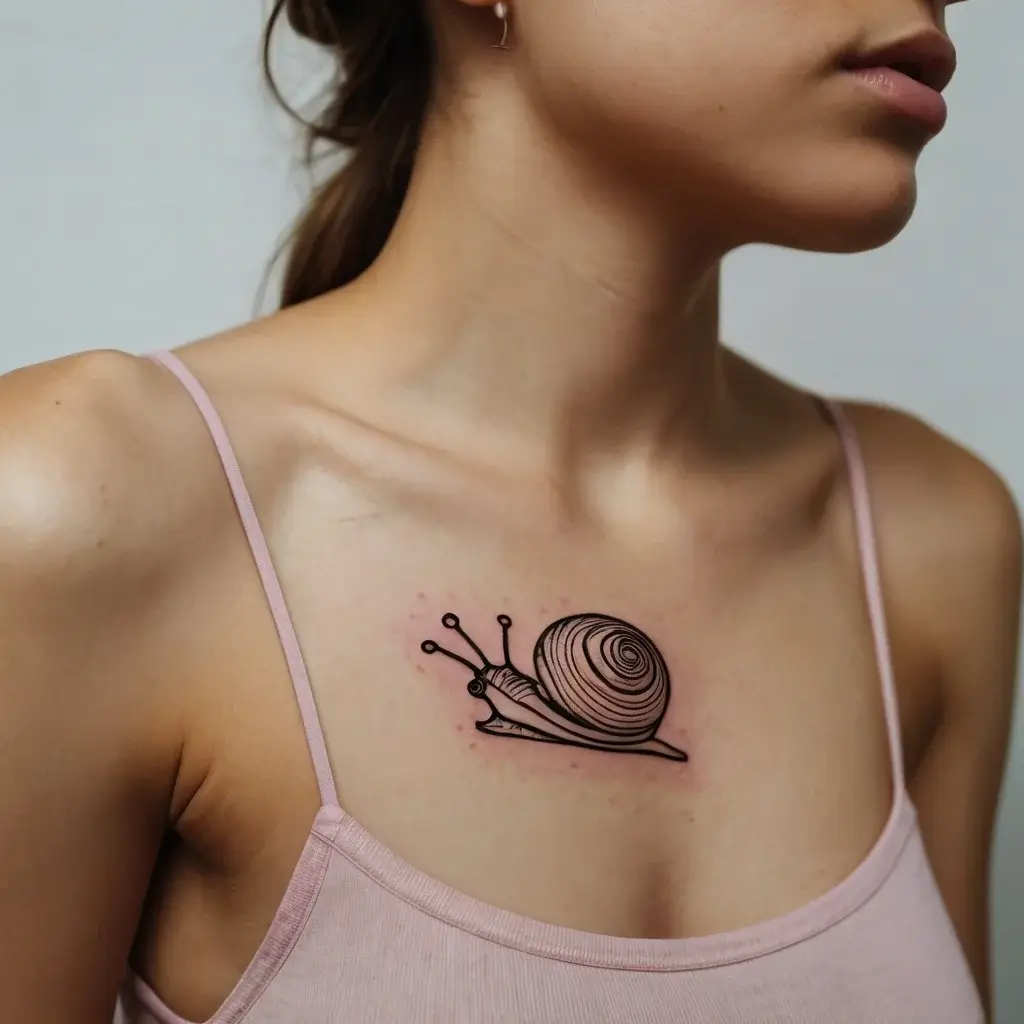 Stylized black snail tattoo with spiral shell design on the upper chest, blending simplicity and elegance.