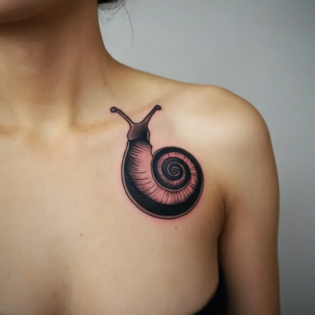 Tattoo of a stylized snail on the shoulder, featuring bold black shading and pink gradient, forming a spiral shell design.