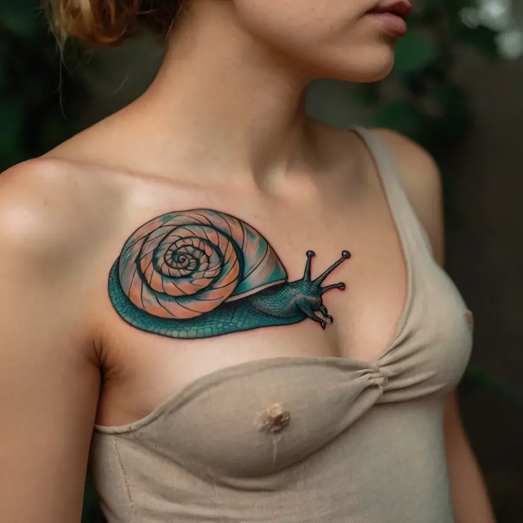 Colorful snail tattoo on the chest, featuring a spiral shell with orange and teal hues, and textured body on skin.