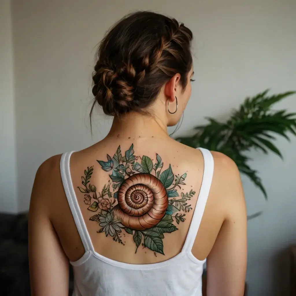 A vibrant tattoo of a detailed spiral shell with surrounding green leaves and colorful flowers on the upper back.