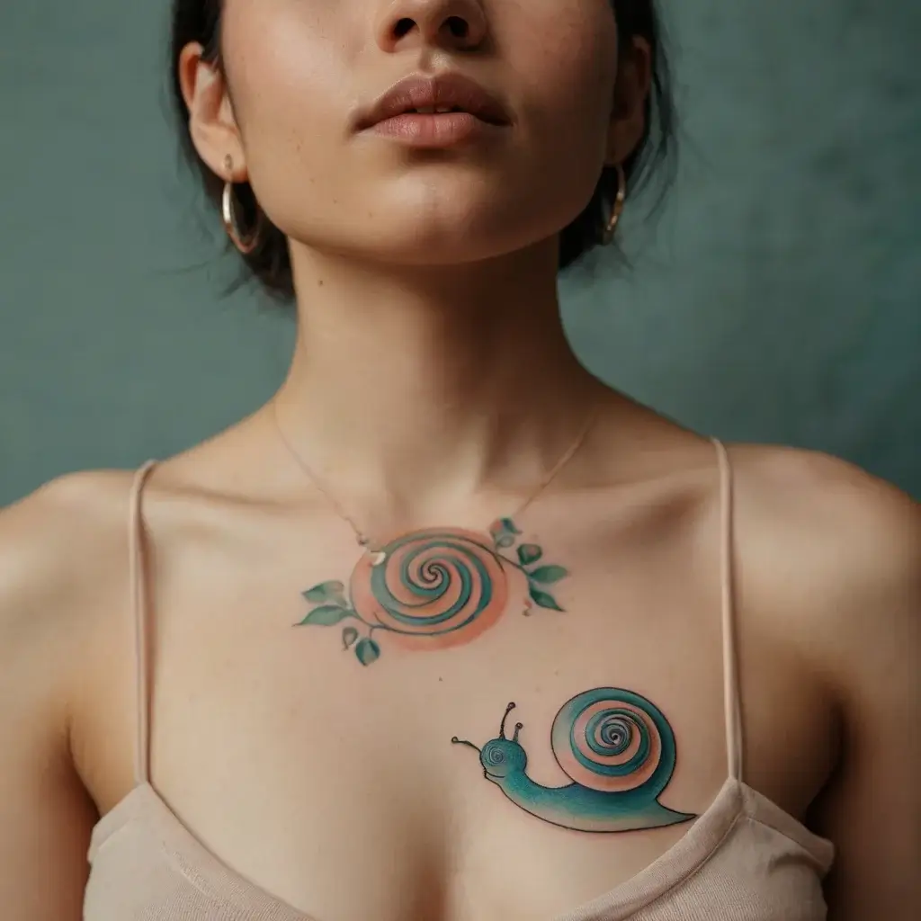 Stylized snail with a spiral shell tattooed on the chest, featuring teal and peach hues and leafy accents.