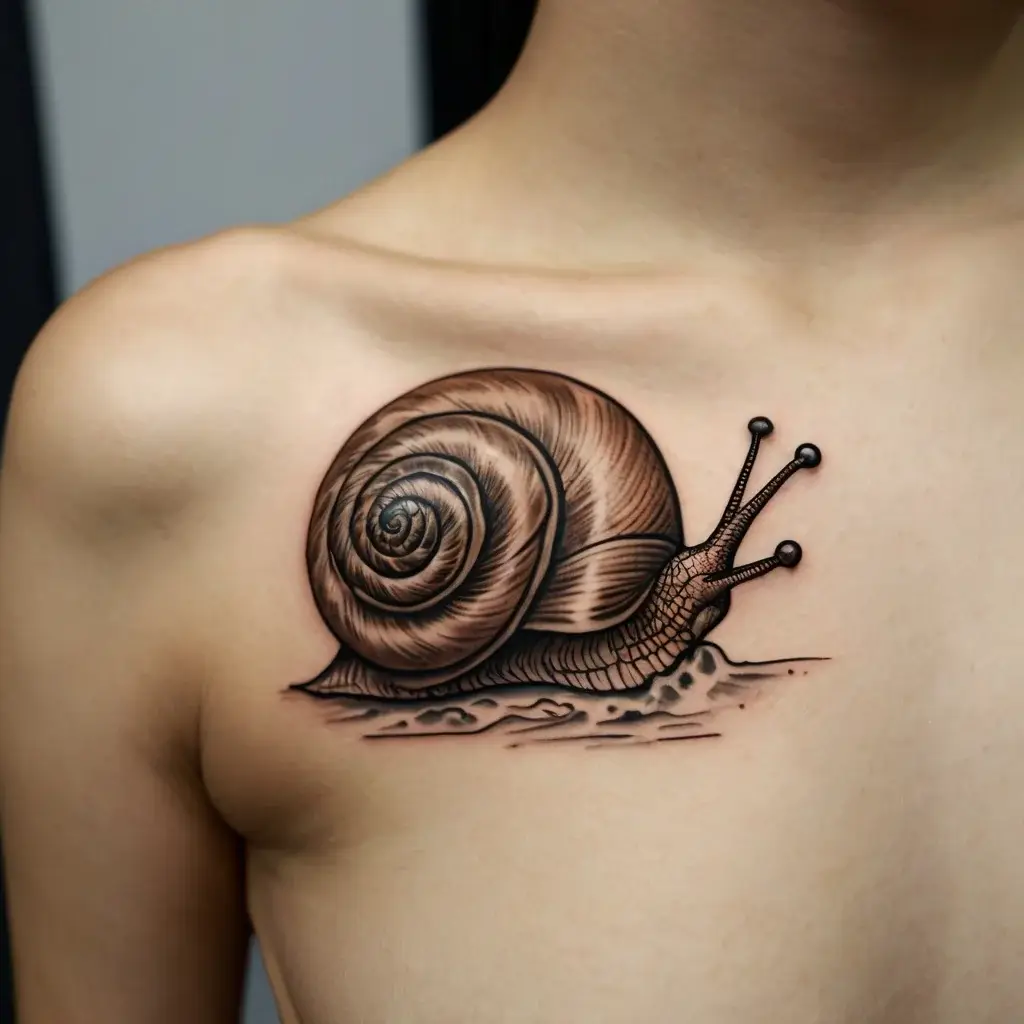 Tattoo of a realistic snail on a shoulder with shading details, emphasizing texture and depth on the shell and body.