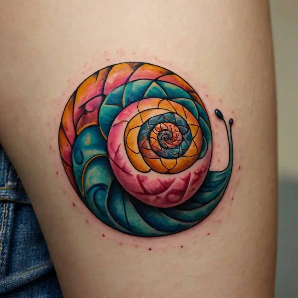 Colorful spiral snail tattoo with intricate geometric patterns, blending vibrant blues, oranges, and pinks on leg skin.