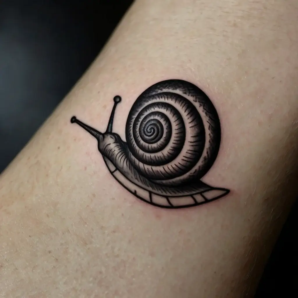 Black ink snail tattoo with detailed spiral shell and outlined body, emphasizing a realistic 3D effect on the skin.