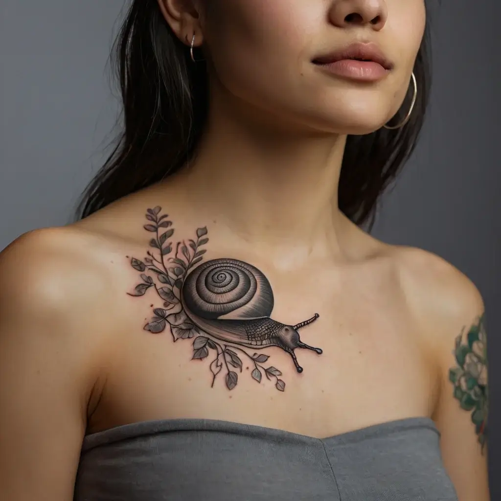 Realistic snail tattoo on chest with intricate shell and leafy branches, exuding nature's harmony in black and grey tones.