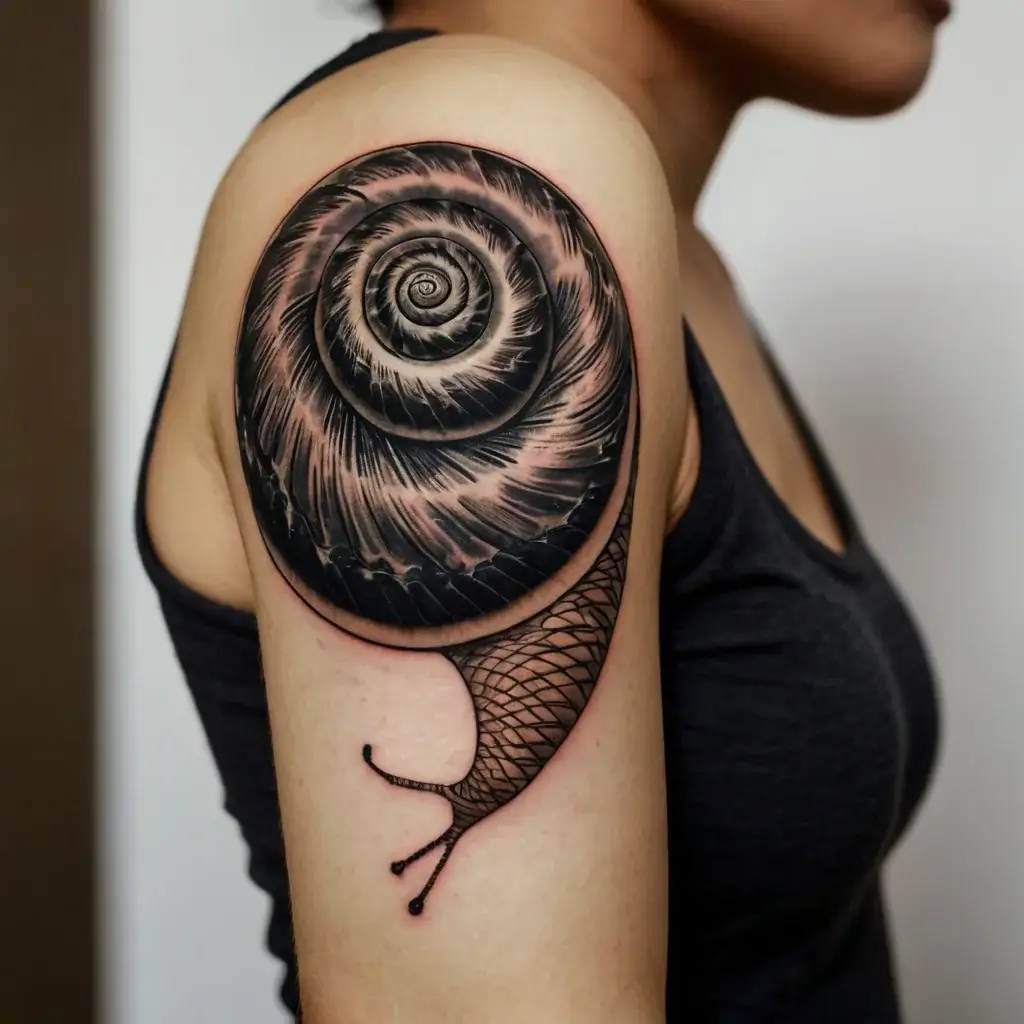 Tattoo of a realistic snail shell on upper arm with intricate shading, featuring a geometric-patterned snail body below.