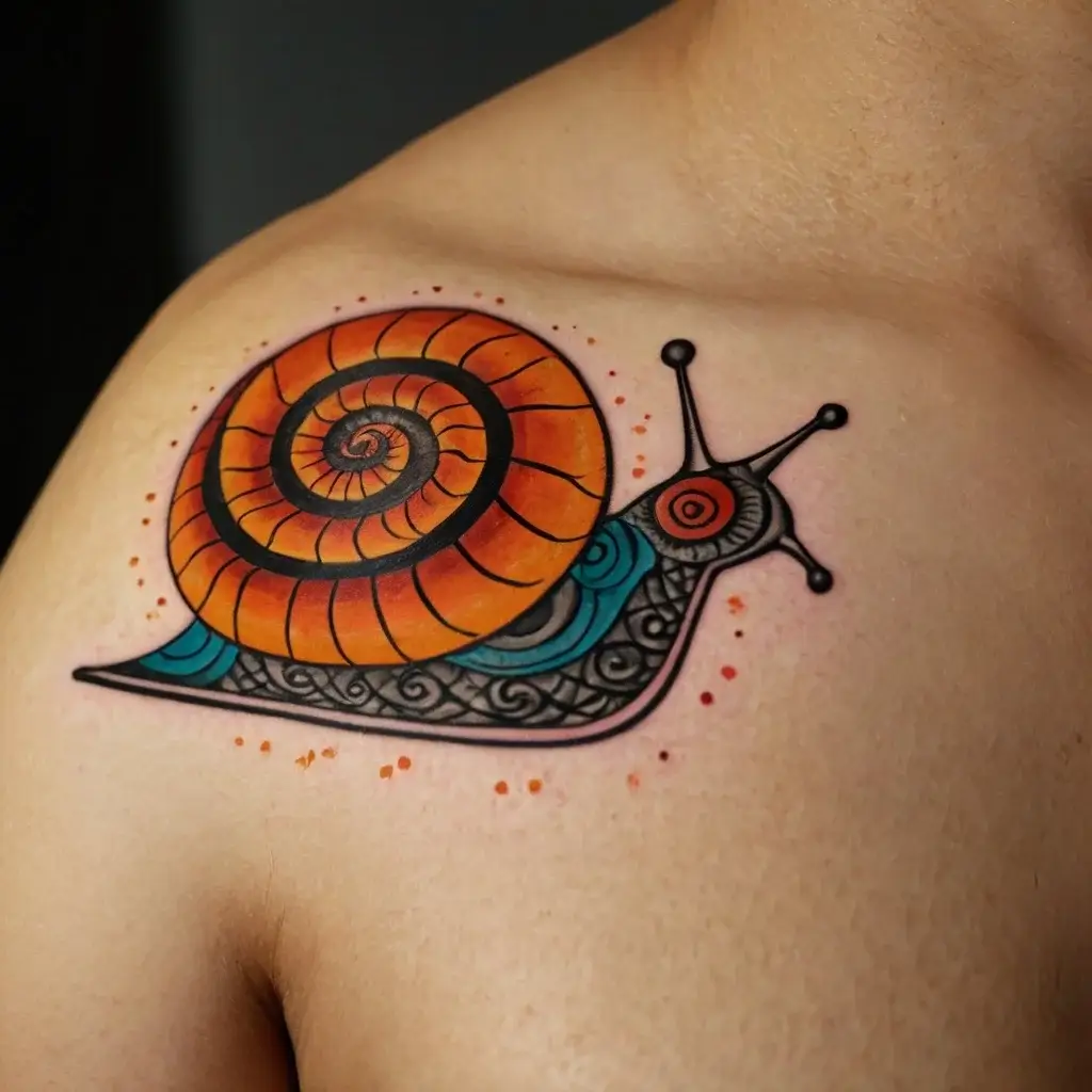 Stylized snail tattoo with orange spiral shell and intricate blue, black patterns; detailed antennae on shoulder.