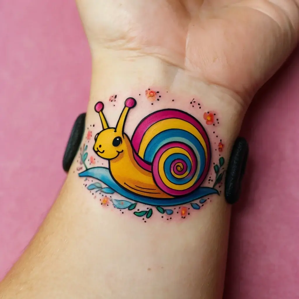 Colorful snail tattoo with a rainbow shell, wavy blue path, and floral accents. Cute and vibrant design on the wrist.