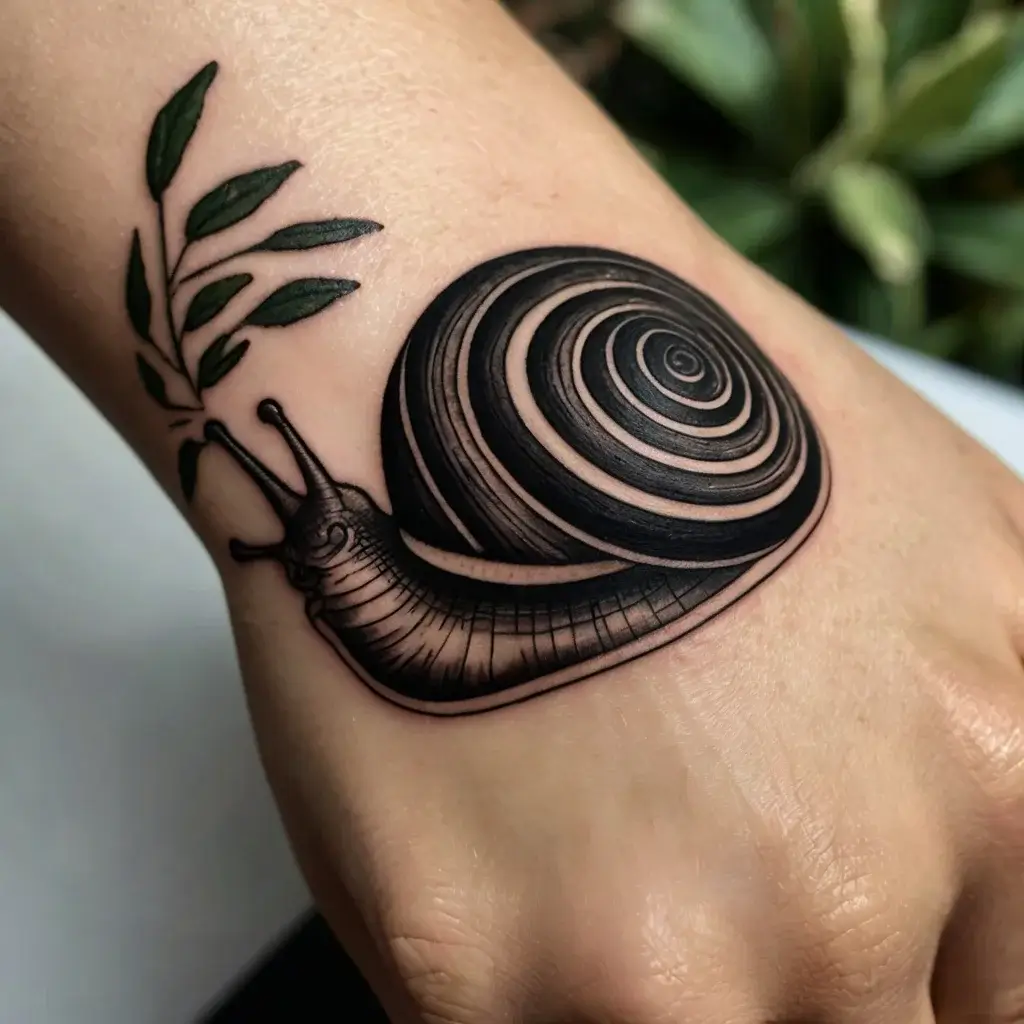 Tattoo of a detailed snail with a spiral shell, reaching toward green leaves; symbolizes patience and growth.