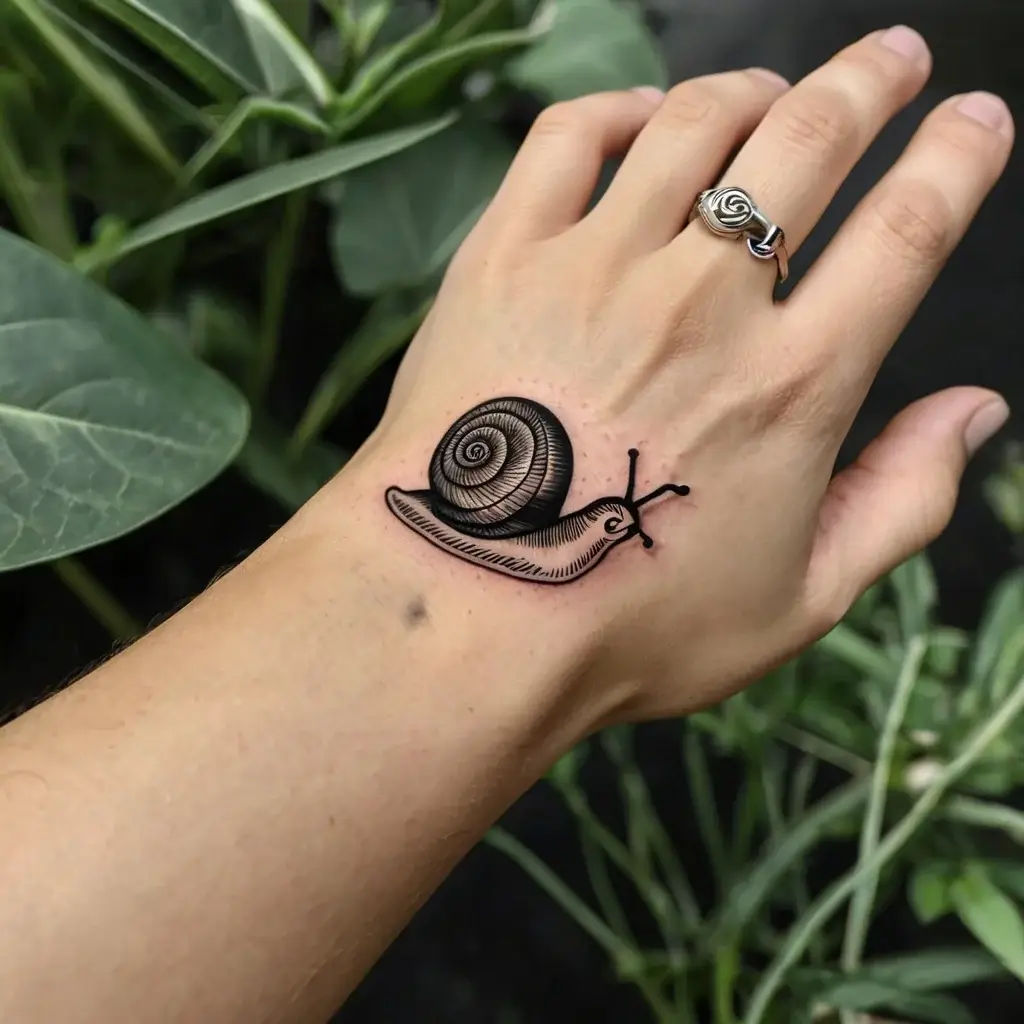 Tattoo of a detailed snail on a hand, featuring a spiral shell with fine lines, symbolizing patience and resilience.