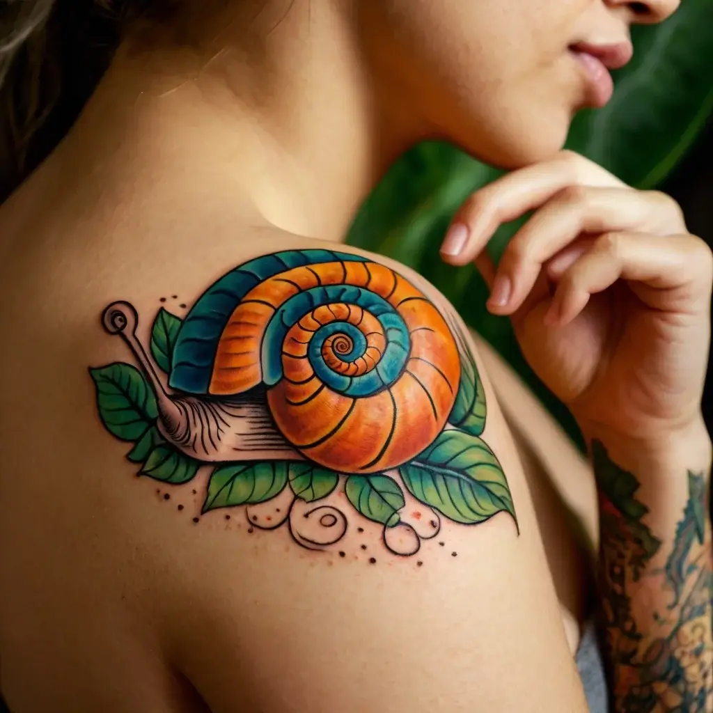 Brightly colored snail tattoo with orange and teal shell, green leaves, and detailed shading on the shoulder blade.