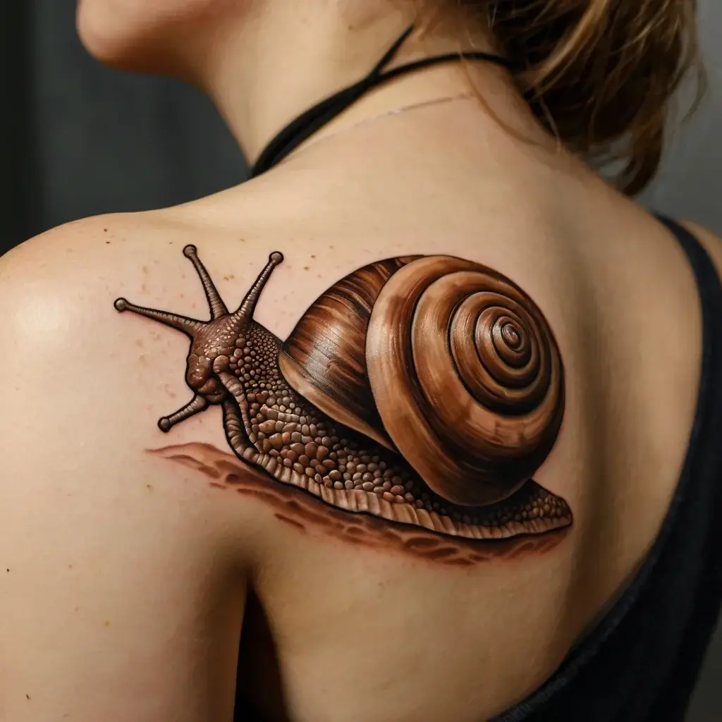 Detailed realistic snail tattoo on shoulder; vibrant hues and fine shading enhance its lifelike appearance.