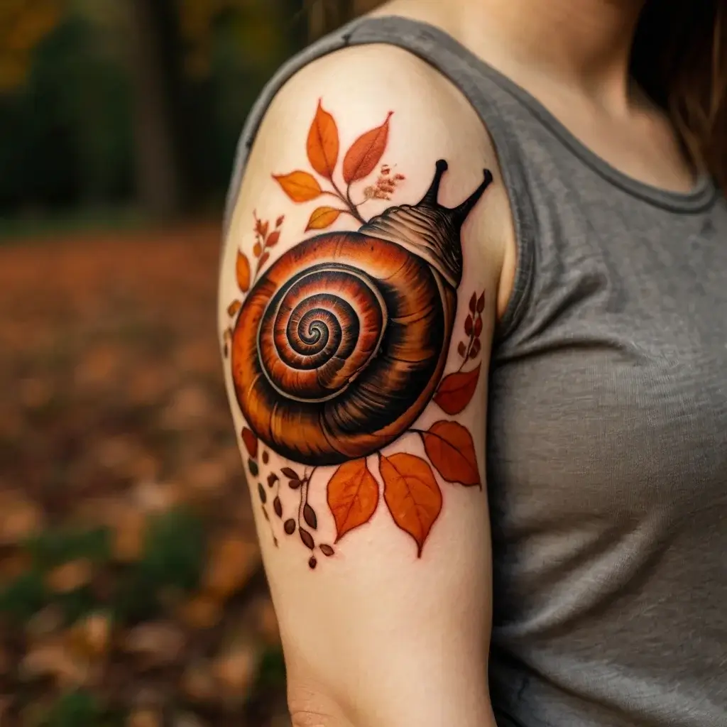 Tattoo of a realistic snail with rich brown tones intertwined with vibrant orange leaves, symbolizing nature and patience.