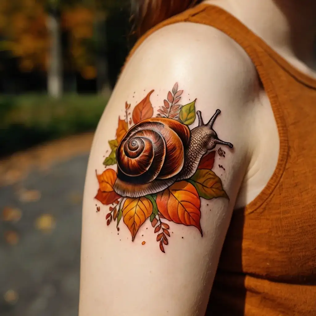 A realistic snail tattoo on an arm, surrounded by vibrant autumn leaves in shades of orange and red.