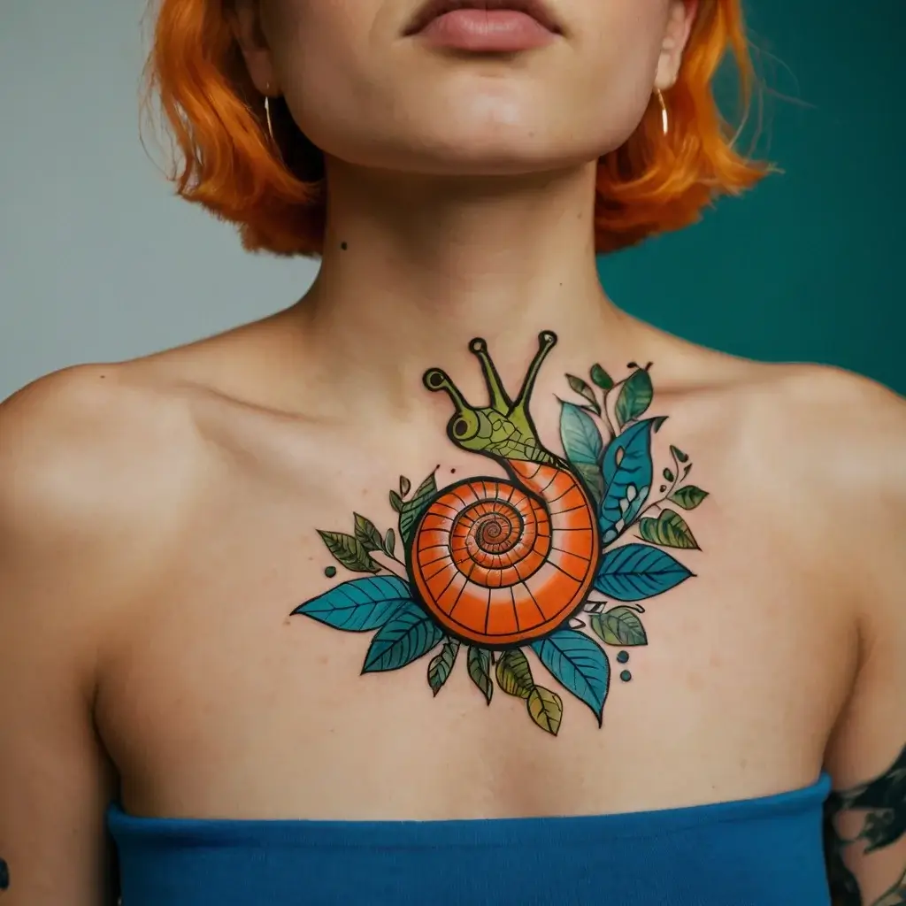 Colorful snail tattoo with a bright orange shell surrounded by detailed green and blue leaves on a woman's chest.