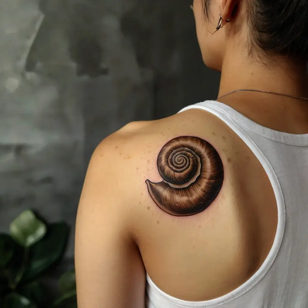 3D spiral shell tattoo on shoulder, showcasing realistic shading and texture for a lifelike appearance.