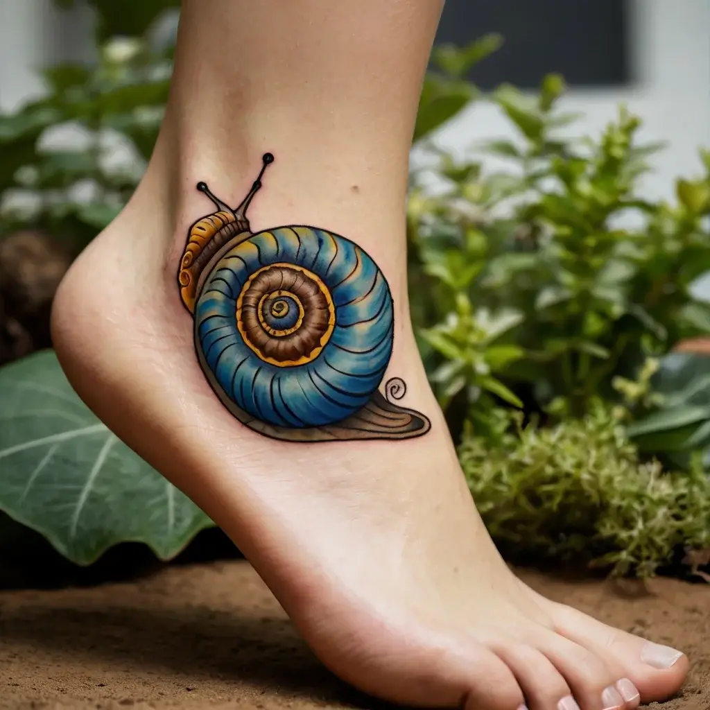 Tattoo of a colorful snail with a spiral blue and brown shell on the ankle, set against a background of greenery.