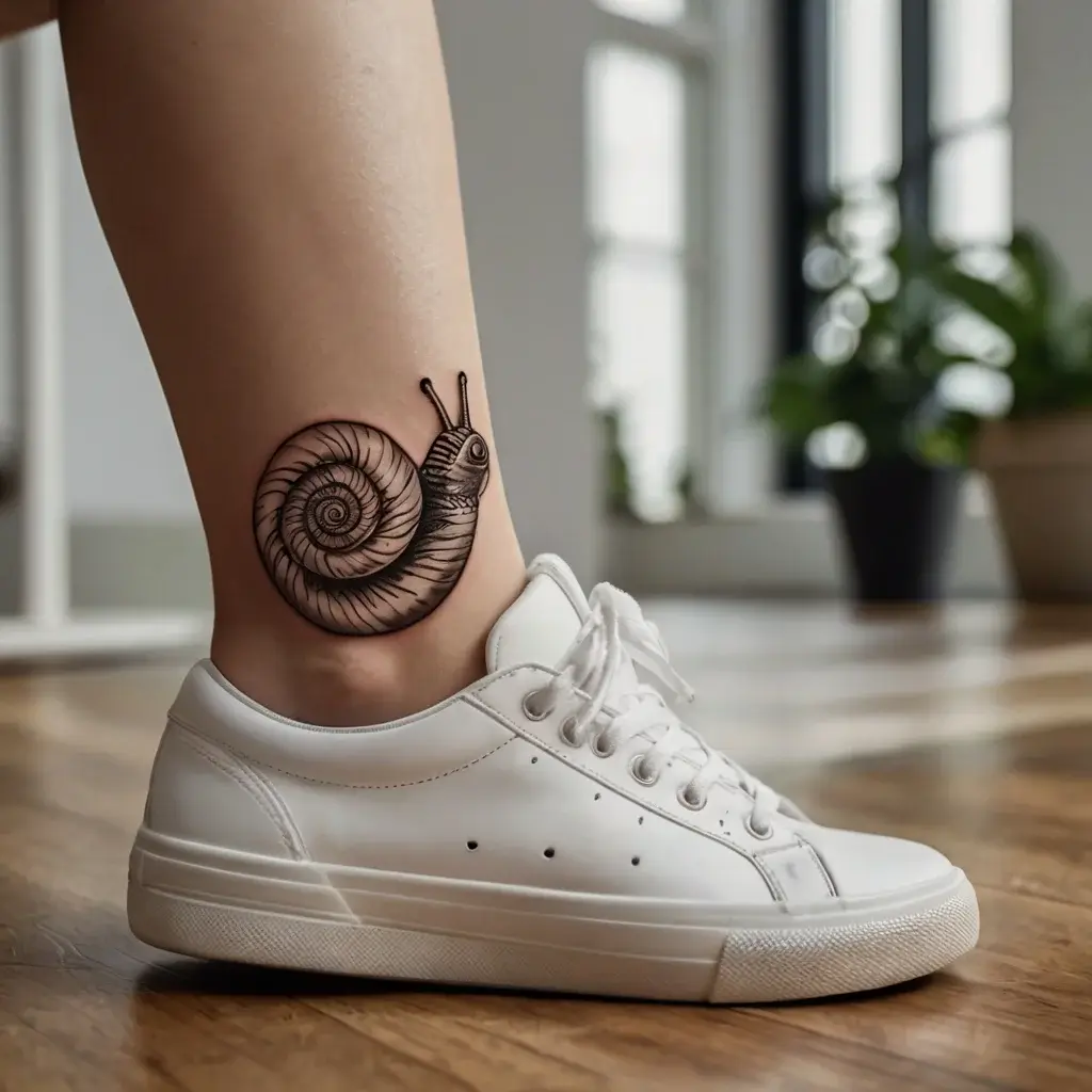 A detailed black snail tattoo on the ankle, featuring intricate shell spiral lines and fine body shading, symbolizing growth.