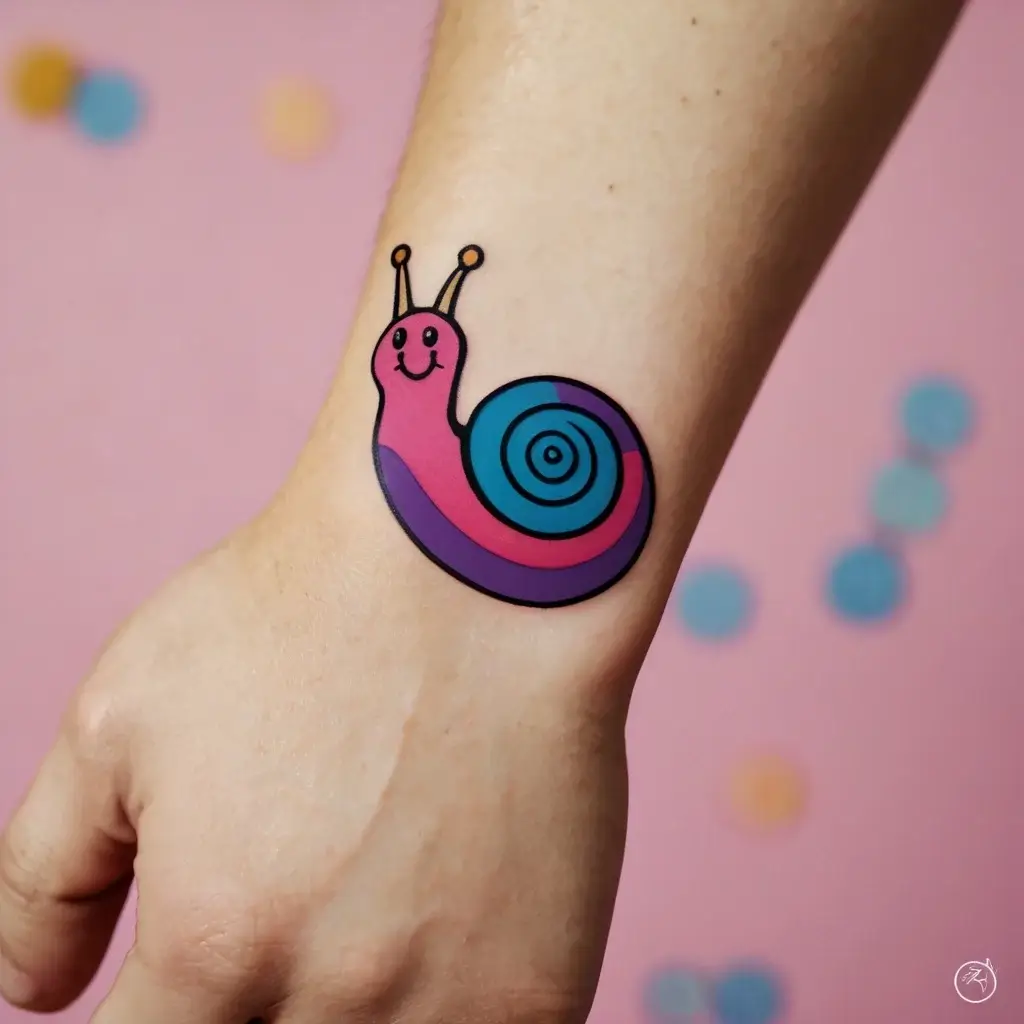 Colorful cartoon snail tattoo featuring a pink body and vibrant blue, purple spiral shell, exuding playful whimsy.