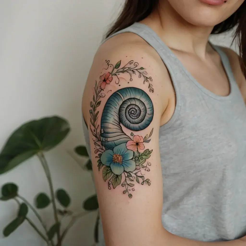 A vibrant tattoo with a blue ammonite shell framed by intricate pink flowers and green leaves on the upper arm.