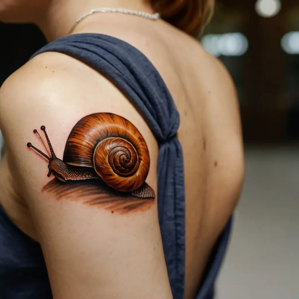 Detailed 3D snail tattoo on shoulder, showcasing realistic textures and brown tones, emphasizing nature and tranquility.