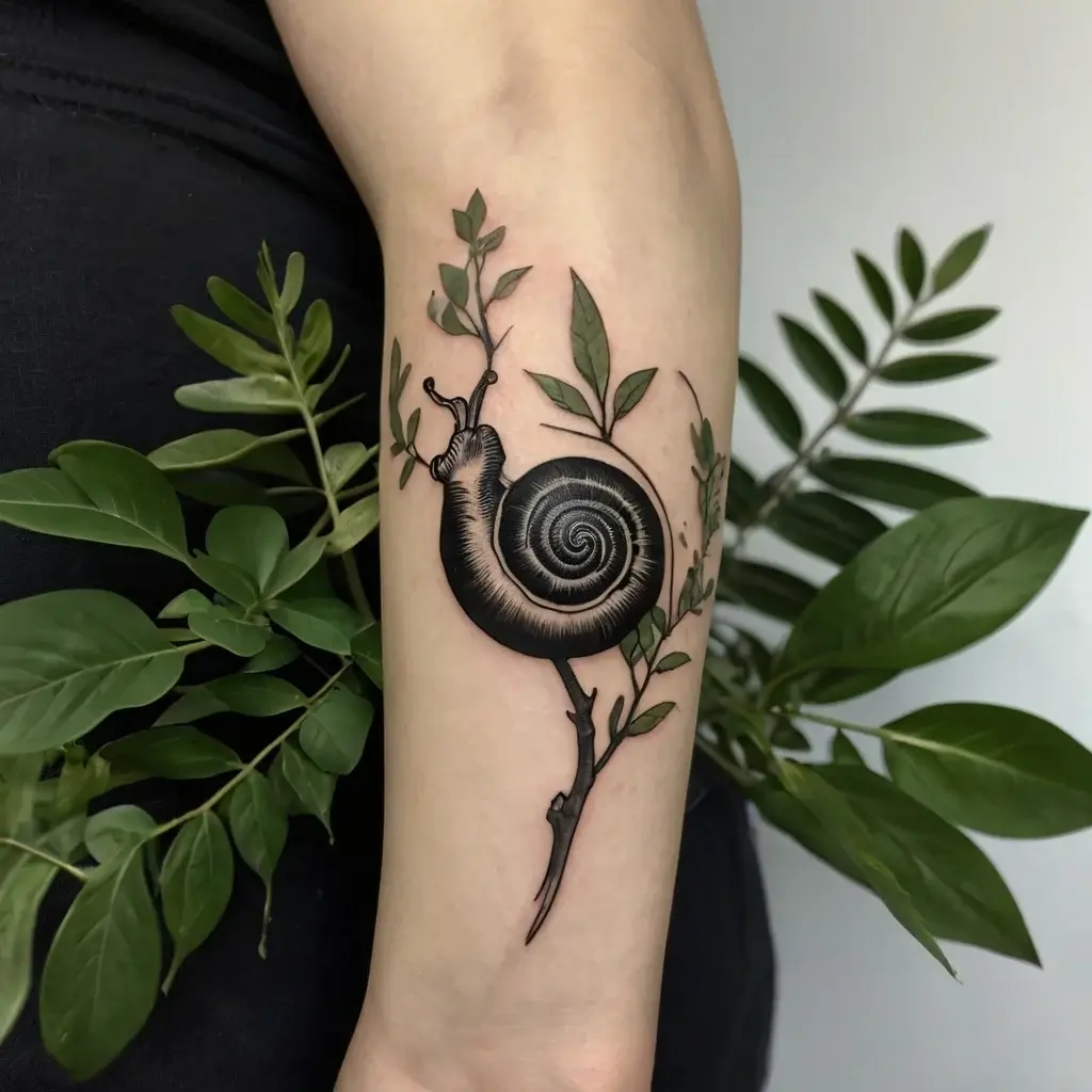 Black snail tattoo on arm with intricate shell design, perched on a branch with green leaves.