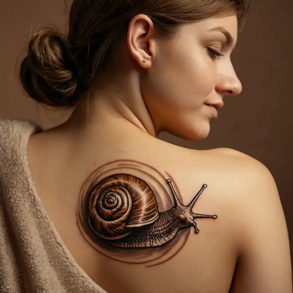 Realistic snail tattoo on woman's shoulder, showcasing intricate shell details and lifelike texture in warm earth tones.