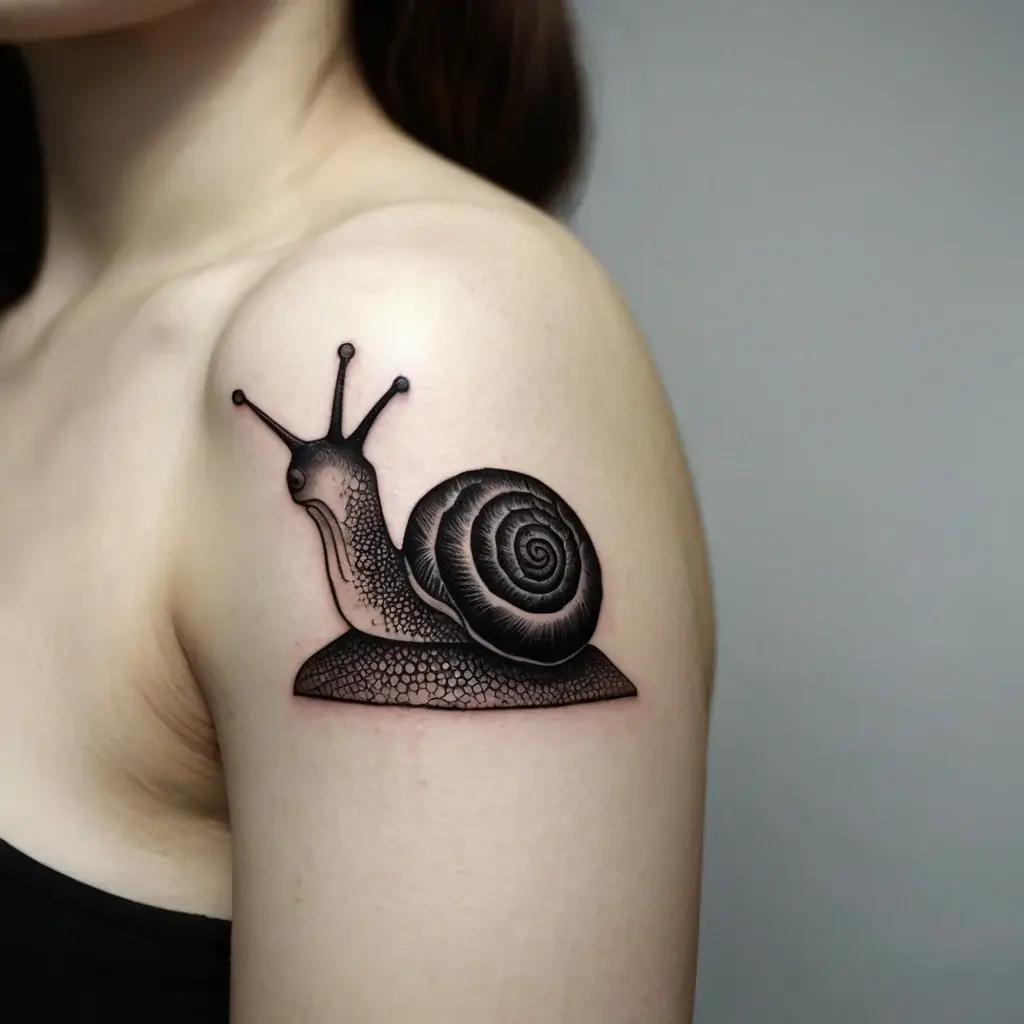 Detailed black snail tattoo on upper arm, showing a textured shell and body with fine dot work shading.