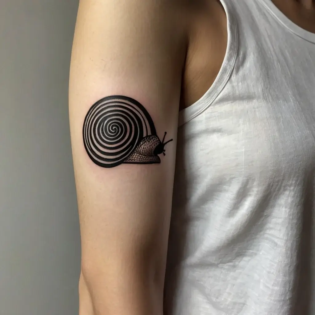 Tattoo of a snail with a hypnotic, detailed spiral shell in black ink, placed on the upper arm.