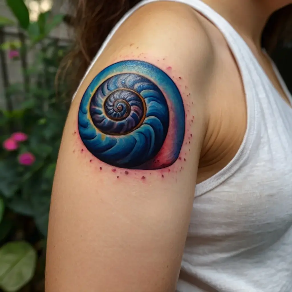 A vibrant spiral shell tattoo with blue and pink hues, symbolizing growth and transformation on the upper arm.