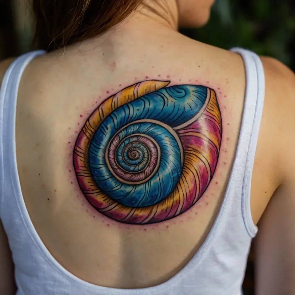 A vibrant tattoo of a spiral seashell with blue, orange, and pink hues, detailed with fine lines, placed on upper back.