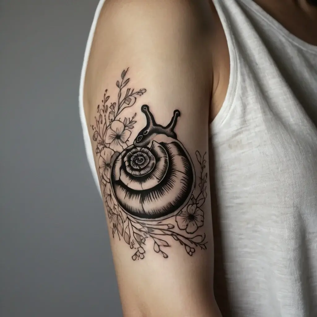 Black ink tattoo of a detailed snail with swirling shell, surrounded by delicate floral vines on the upper arm.