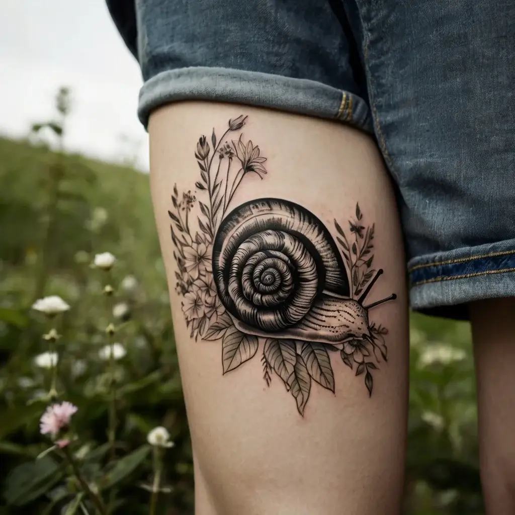 Realistic snail tattoo with botanical accents on thigh, detailed in black and gray, surrounded by delicate flowers and leaves.