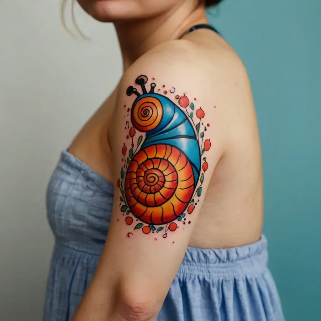 Colorful snail tattoo in blue and orange with spiral shell, surrounded by abstract floral elements and red berries.