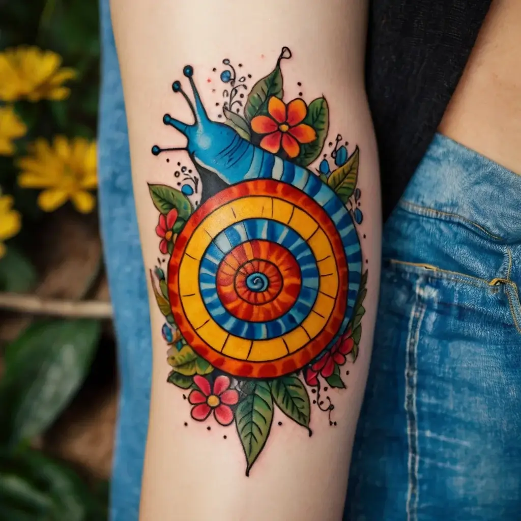 Vibrant tattoo of a colorful snail with a spiraled shell, surrounded by flowers and leaves, showcasing intricate details.