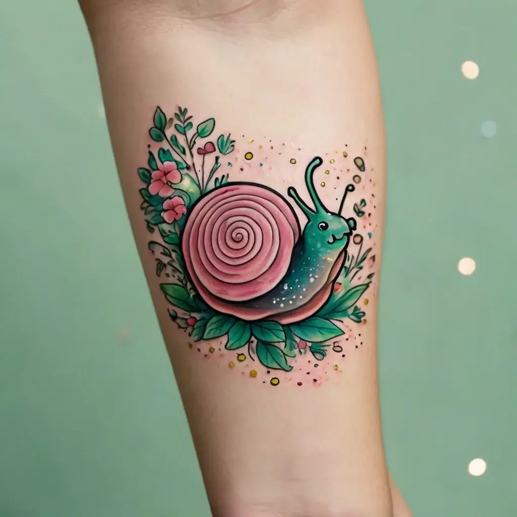 Colorful snail tattoo with pink spiral shell amidst green leaves and flowers on forearm, accentuated by tiny dots.