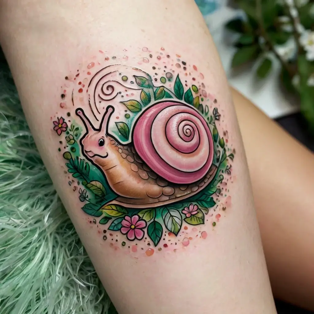 A vibrant tattoo of a whimsical snail with a pink spiral shell, surrounded by leaves and flowers in a lush, detailed style.